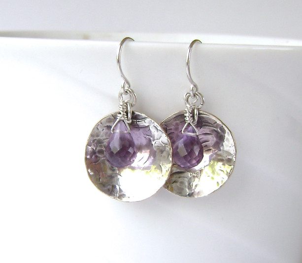 Amethyst Earrings, Gemstone Jewelry, Sterling Silver, Silver Filled, Oxidized Silver, Handmade, Hammered,  Purple, Violet, Lavender, 714