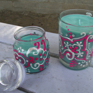 Teal Candle Set With Pink and White Henna
