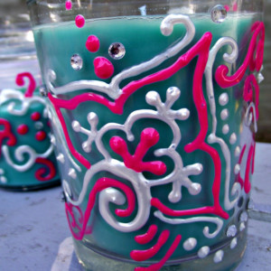 Teal Candle Set With Pink and White Henna