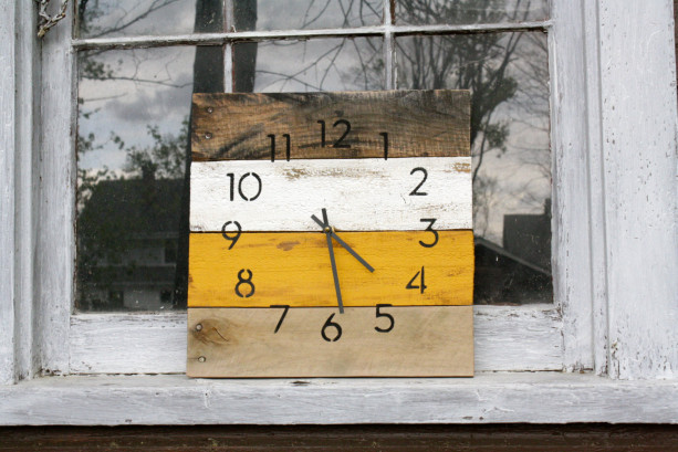 Handmade Pallet Wood Clock.  Modern. Industrial Chic. Rustic.  Mustard Yellow.  Ivory.  Wall clock.  Gift idea.