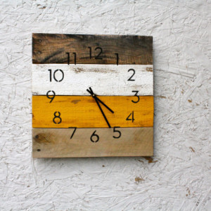 Handmade Pallet Wood Clock.  Modern. Industrial Chic. Rustic.  Mustard Yellow.  Ivory.  Wall clock.  Gift idea.