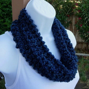 SUMMER COWL SCARF, Solid Dark Blue, Navy, Small Short Infinity Loop Crochet Knit Soft Handmade Lightweight Neck Warmer, Ready to Ship in 3 Days