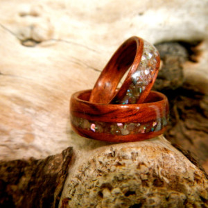 His and hers light colored Rosewood Bentwood Ring with Abalone Shell inlay.