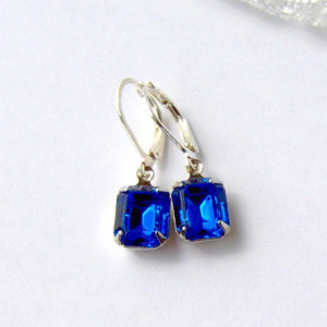 Sapphire Blue Rhinestone Earrings / silver / September birthstone
