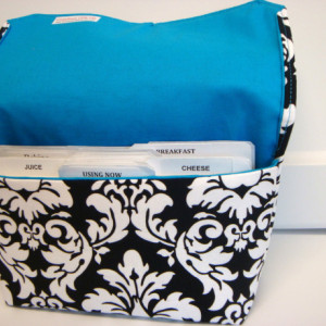 Coupon Organizer / Budget Organizer Holder- Attaches to your Shopping Cart -  Black and White Damask - Teal Lining