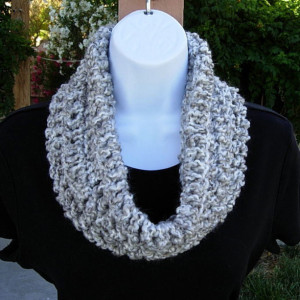 SUMMER COWL SCARF Light Silver Gray Grey & White, Small Short Infinity Loop Crochet Knit Soft Lightweight Neck Warmer, Ready to Ship in 2 Days
