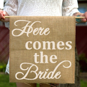 Burlap Here Comes The Bride Ring Bearer Sign - Rustic Ceremony Banner