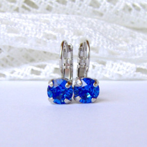 Sapphire Blue rhinestone earrings / 6mm / Swarovski earrings / leverback earrings