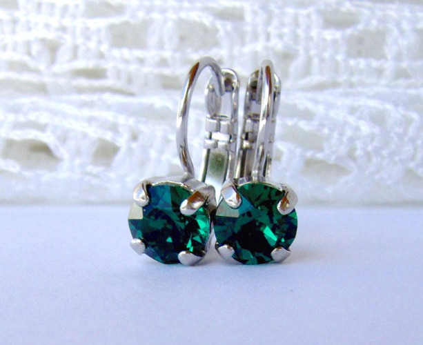 Emerald rhinestone earrings / 6mm / Swarovski earrings / leverback earrings