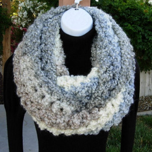 INFINITY SCARF Loop Cowl Light Grey Gray Cream White Tan Blue Large Thick Bulky Chunky Winter Handmade Crochet Knit..Ready to Ship in 3 Days