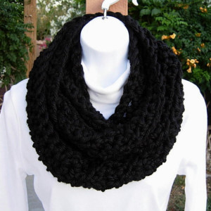 INFINITY SCARF Loop Cowl Solid Black 100%  Extra Soft Bulky Acrylic Handmade Thick Crochet Knit Winter Circle Wrap., eady to Ship in 3 Days