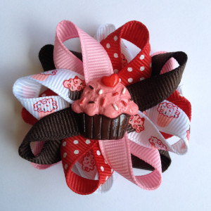 Red, Pink & Brown Cupcake 2.5" Hair Bows - Handmade - Birthday Hair Bows - Cupcake Hair Bow Set - 2.5" Hair Bows - No Slip - Made To Order