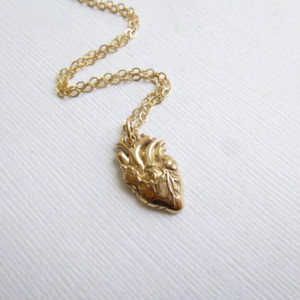 Gold Anatomical Heart Necklace --  Bronze and 14k Gold filled