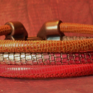 Womens Ruby Red Mango and Cognac Soft Leather Bracelet with lizard and reptile print, Triple Wrapped with an antique copper colored clasp