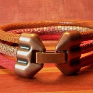 Womens Ruby Red Mango and Cognac Soft Leather Bracelet with lizard and reptile print, Triple Wrapped with an antique copper colored clasp