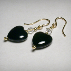 Genuine Black Onyx  Earrings, Swarovski Crystal, 14K Yellow Gold Fillled, Onyx Earring, Black Earring, Dangle Earrings, Black Heart Earrings