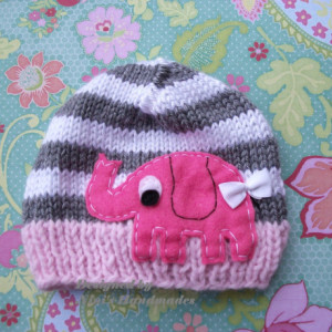 Girls Knit  Baby Hat with Elephant design,  Beanie, Newborn photography,  Baby Shower,  girls hat, gift, hospital outfit
