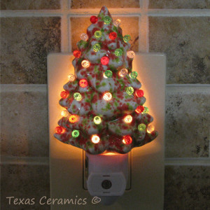 Ceramic Christmas Tree Night in Red Green & White with Light Auto | aftcra