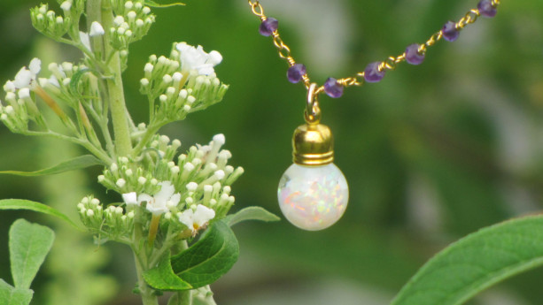 Floating Opal Pendant and Amethyst Rondelle Necklace