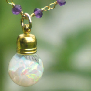 Floating Opal Pendant and Amethyst Rondelle Necklace