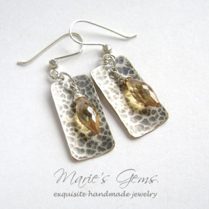 Golden Quartz Earrings, Sterling Silver, Hammered Silver Filled Drops, Oxidized Silver, Quartz Briolettes, Gemstone Jewelry, 830