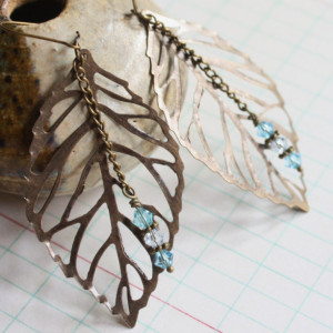 Antique Brass Filigree Leaf Leaves Earrings with Turquoise and Pale Blue Swarovsky Crystals, Rain, Dew Drop, Nature Inspired