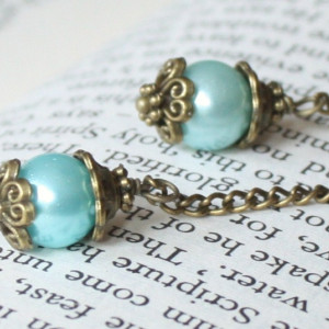 Antique Style Chain and Baby Blue Pearl Earrings Antique Brass Neo Victorian, Vintage inspired Jewelry, Something Blue