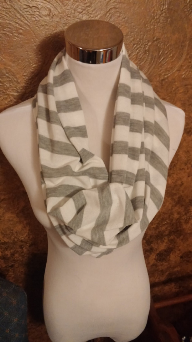 ONLY ONE White and Gray Striped Cotton Infinity Scarf