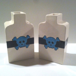 Set of 2 Black Blue Yellow Skull Apothecary Jars Bottles Ceramic Pottery Made in OHIO USA