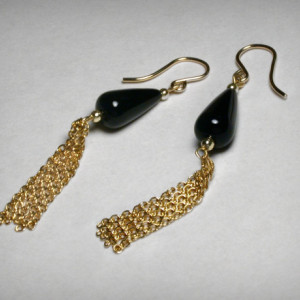 Black Onyx Earrings, 14K Gold Filled, Genuine Black Onyx, Long Dangle Earrings, Tassel Earrings, Drop Earrings, Yellow Gold,  Black Earrings