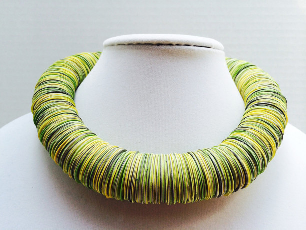 Paper necklace, Paper jewelry, Green, yellow, gray, Bold Statement necklace, colorful jewelry, adjustable, Metal free jewelry, hemp
