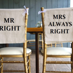 Rustic Linen & Lace Mrs Always Right Wedding Chair Cover Signs - PICK YOUR COLOR