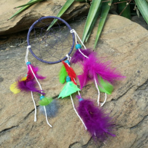 Small Dream Catcher, Handmade 5 Inch Ornament, Navy Feathered Wall Hanging Art, Colorful Traditional Native American Decor