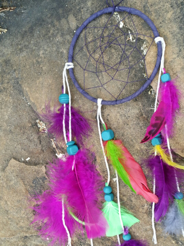 Small Dream Catcher, Handmade 5 Inch Ornament, Navy Feathered Wall Hanging Art, Colorful Traditional Native American Decor
