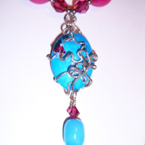 Summer's Kiss  Sterling Wrapped Turquoise Hot Pink and Blue Jade Necklace