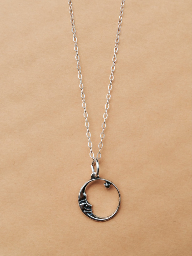 Sterling Silver Circle Moon With Star Charm Necklace