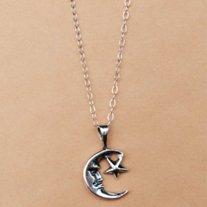 Sterling Silver Man in the Moon With Star Charm Necklace