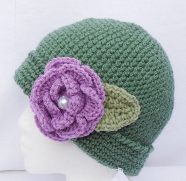 Medium Green Beanie , Purple Flower with " Pearl " Bead in Center , Light Green Leaf , Women / Teen / Tween , Beanie , Hat     fb101