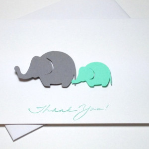 Baby Shower Thank You Note Card Set Elephant Gender Neutral Grey and Mint Green Elephant, Elephant Baby Shower Cards, Customize Your Colors