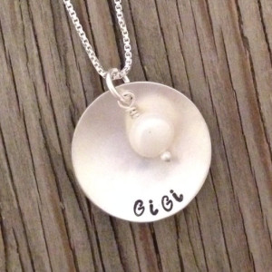 Sterling silver charm pendant- hand stamped with word/name of choice- custom charm necklace with freshwater pearl