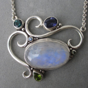 One of a Kind Sterling Silver Rainbow Moonstone Pendant