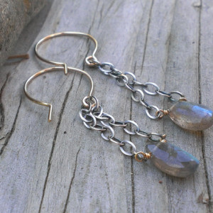 Labradorite Gemstone Earrings - Mixed Metal (sterling & 14KGF) with Labradorite Briolette - all handforged