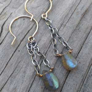 Labradorite Gemstone Earrings - Mixed Metal (sterling & 14KGF) with Labradorite Briolette - all handforged