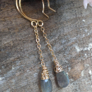 Labradorite Earrings in 14K Gold Fill - Labradorite Briolettes hang from 14KGF chain with Wonky Wrap detail