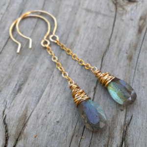 Labradorite Earrings in 14K Gold Fill - Labradorite Briolettes hang from 14KGF chain with Wonky Wrap detail