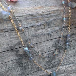 Labradorite Gemstone Necklace / Double Strand - Mixed Metal (sterling & 14KGF) with Labradorite Briolettes, Rondelles