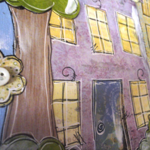 Art Collage Mixed Media Whimsical Village 16x20 with Houses, Patterns, Doodles, Butterflies on Stretched Canvas. Finished on all sides