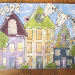 Art Collage Mixed Media Whimsical Village 16x20 with Houses, Patterns, Doodles, Butterflies on Stretched Canvas. Finished on all sides