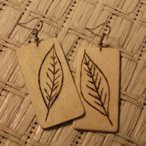 Wood Dangle Earrings with wood burned leaf design.Natural Handmade.