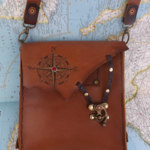 Steampunk British Tan Brown Leather bag purse extra long strap Unisex Compass windrose  Very Dashing